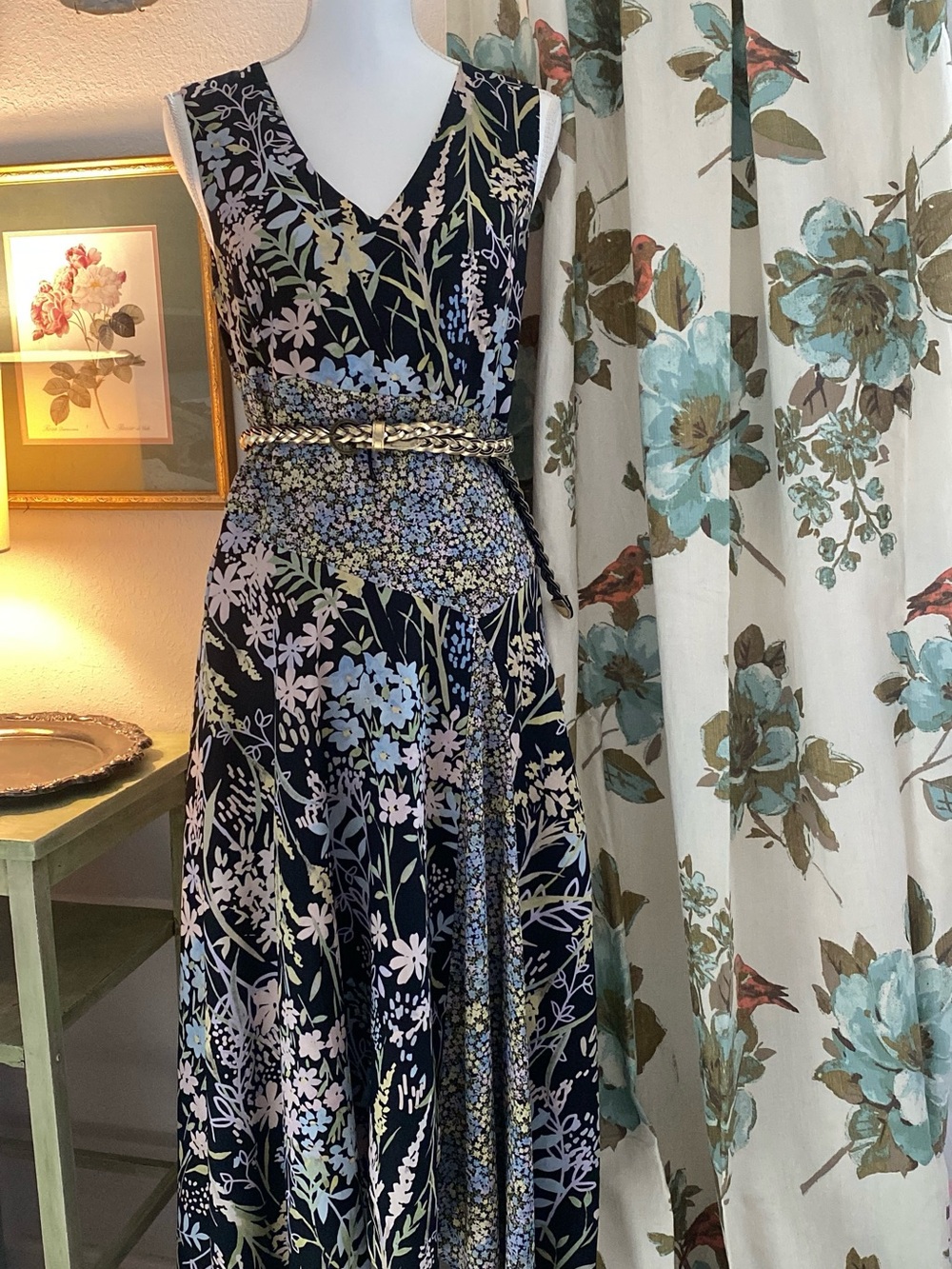 Calvin Klein Black Maxi Dress with Pastel Floral Print and Sash